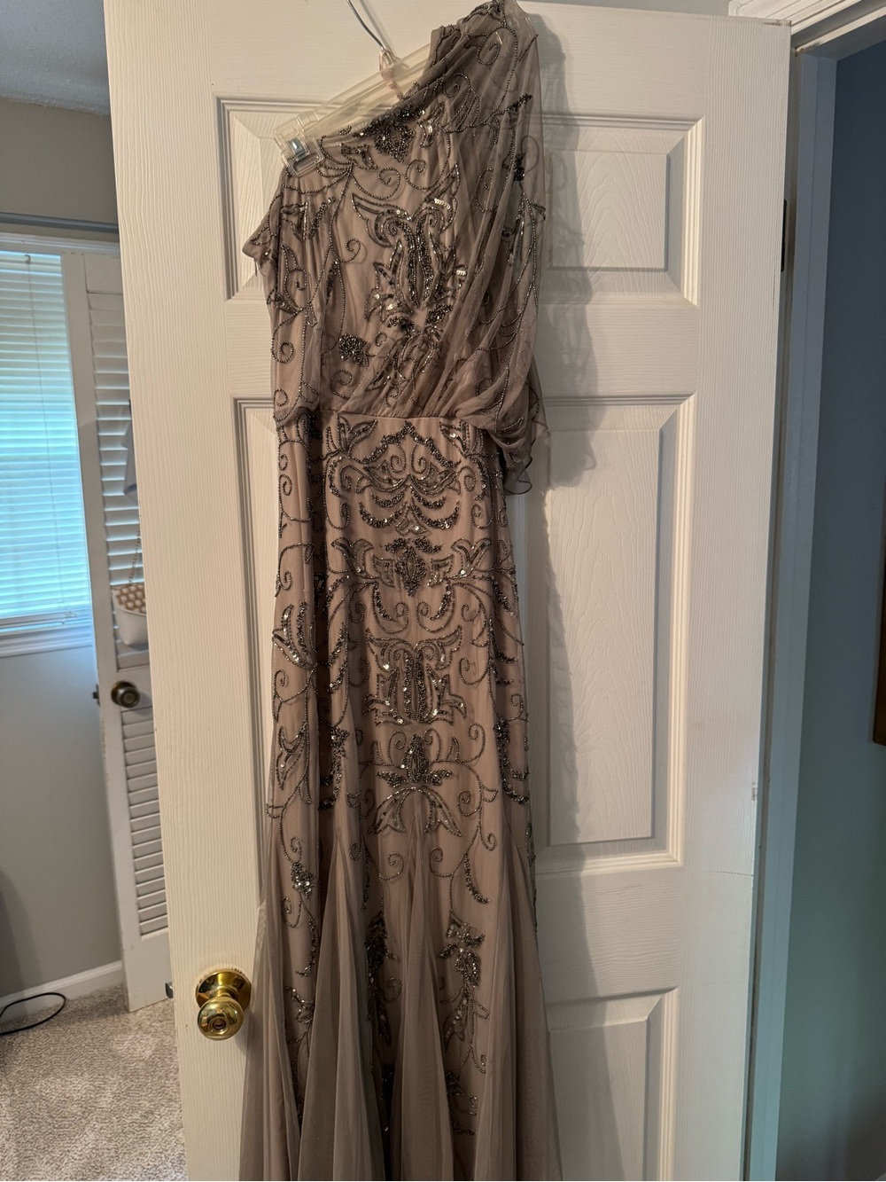 Adrianna Papell Gray One-Shoulder Beaded Evening Gown